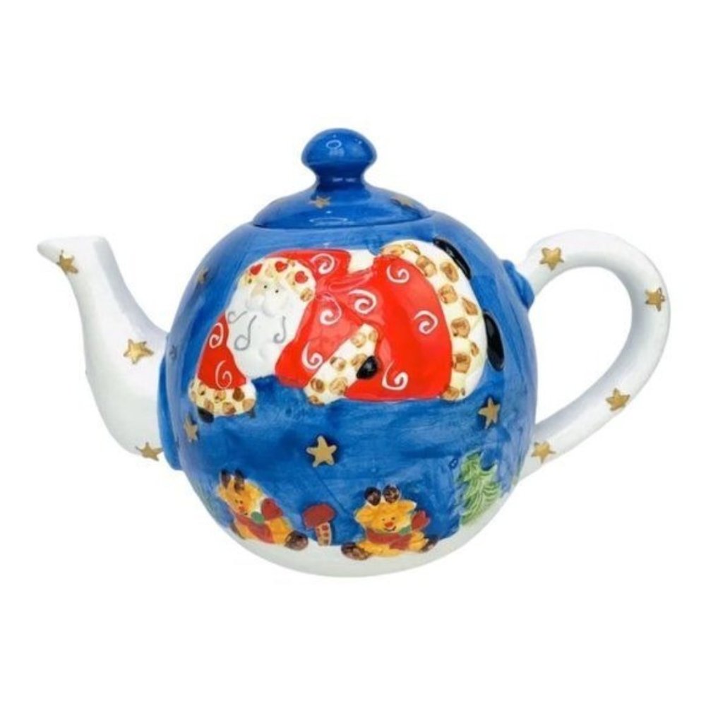 Santa Claus Christmas Pottery Vintage Hand Painted Ceramic Teapot With Lid